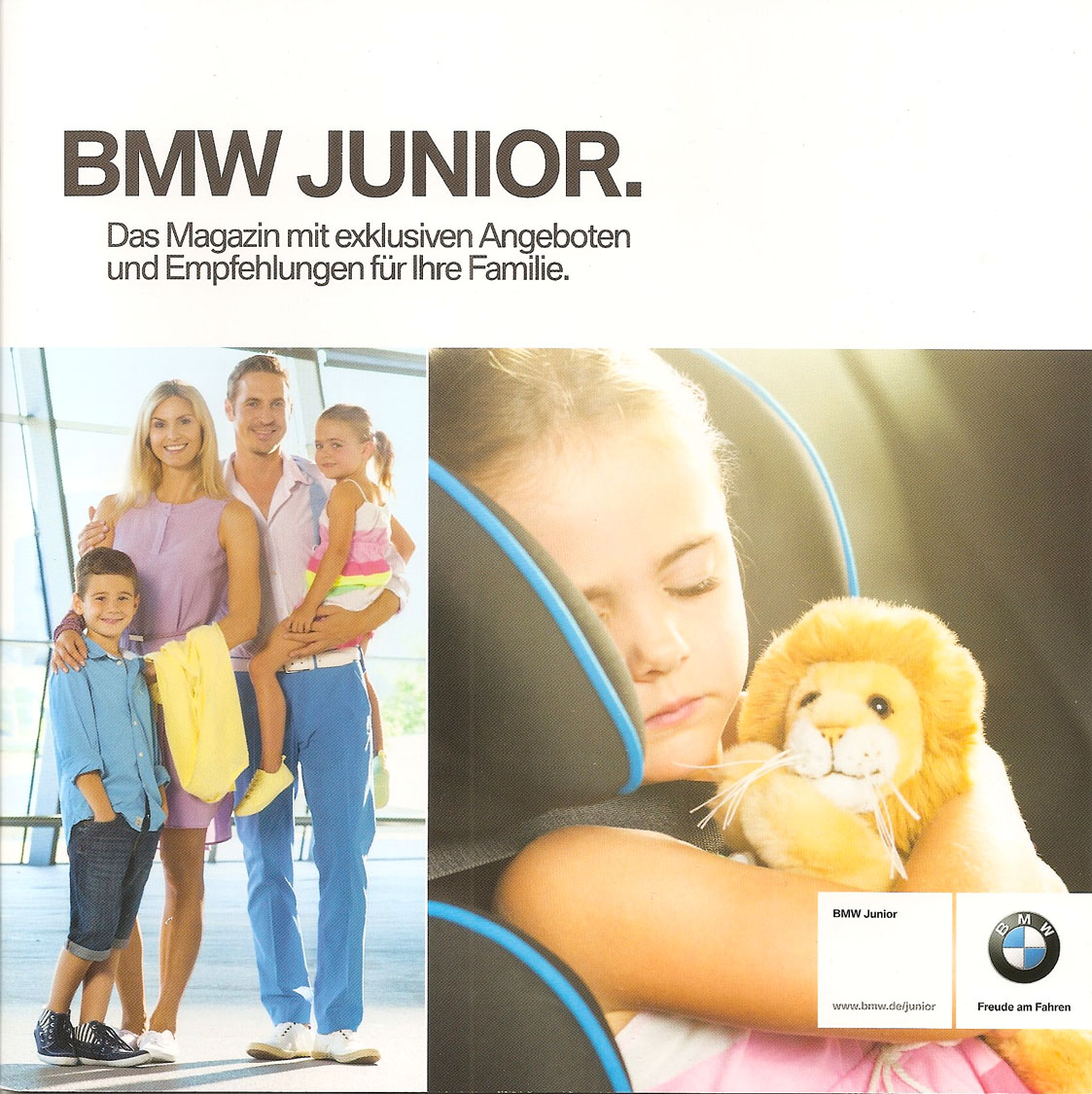 Titelseite des BMW Junior Magazins mit einer Familie und einem kleinen Mädchen in einem Auto