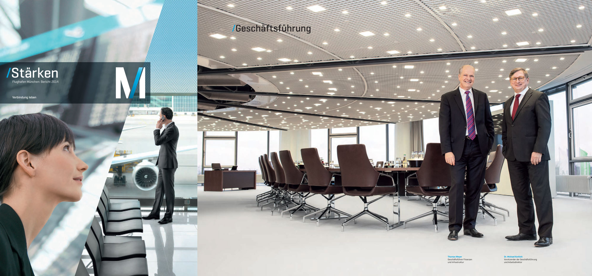 Mehrere Bilder vom Flughafen München auf einem Geschäftsbericht, eine Frau im Profil, die beiden Geschäftsführer in einem Besprechungsraum und ein Mann in der Wartehalle