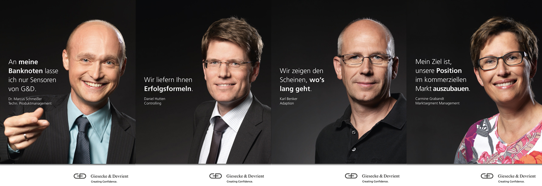 Portraits von 4 Menschen auf einer imagekampagne von Giesecke und Devrient