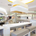 Foodcourt in den Pasinger Arcaden mit Blick über die Tische in den Raum