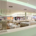 Blick in den Food Court eines Einkaufszentrums mit Tischen und einer Bar in der Mitte