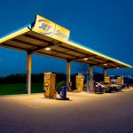 Jet Stromtankstelle bei Nacht fotografiert voll beleuchtet